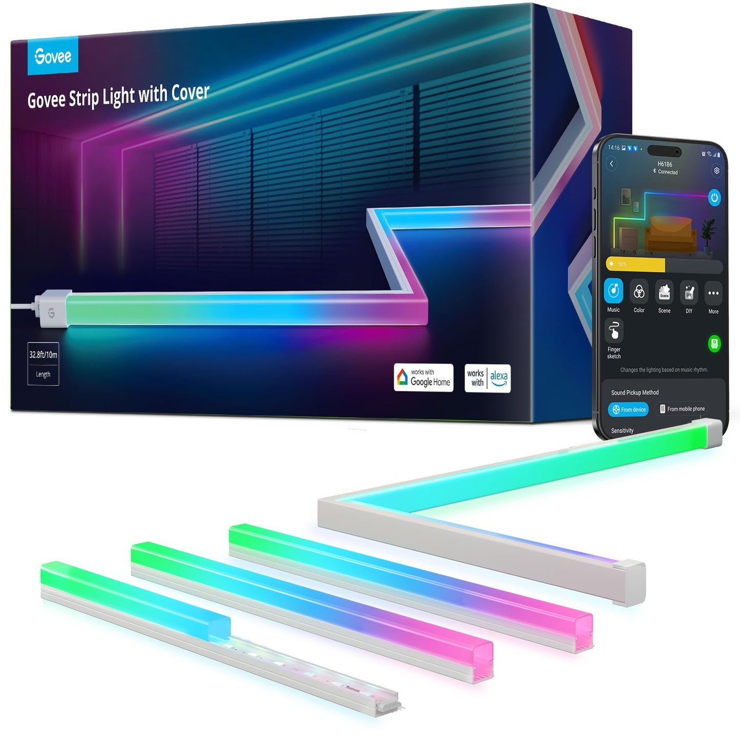 Govee RGBIC LED Strip Lights 32.8ft with Covers, Smart Lights Work with Alexa and Google Assistant, LED Diffuser Channel with LED Lights for Bedroom