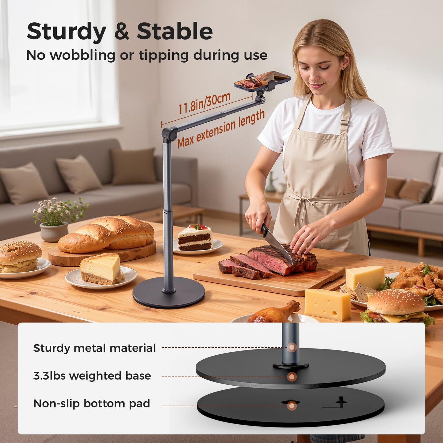 MoKo Overhead Tripod for iPhone, Heavy Duty Aluminum Overhead Phone Mount, Angle & Height Adjustable, Telescopic Arm, Overhead Phone Stand