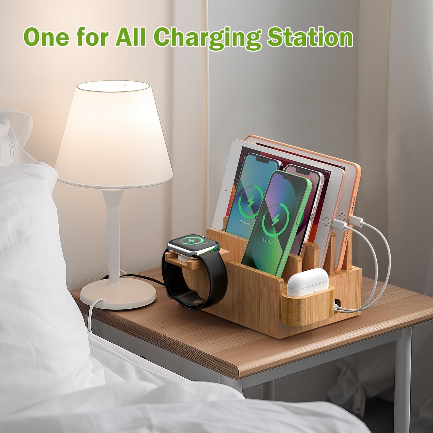 Pezin & Hulin Bamboo Charging Station for Multiple Devices with 5 Port USB Charger, 5 Cables, Watch&Earbuds Stand, Electronic Device Desktop Organizer