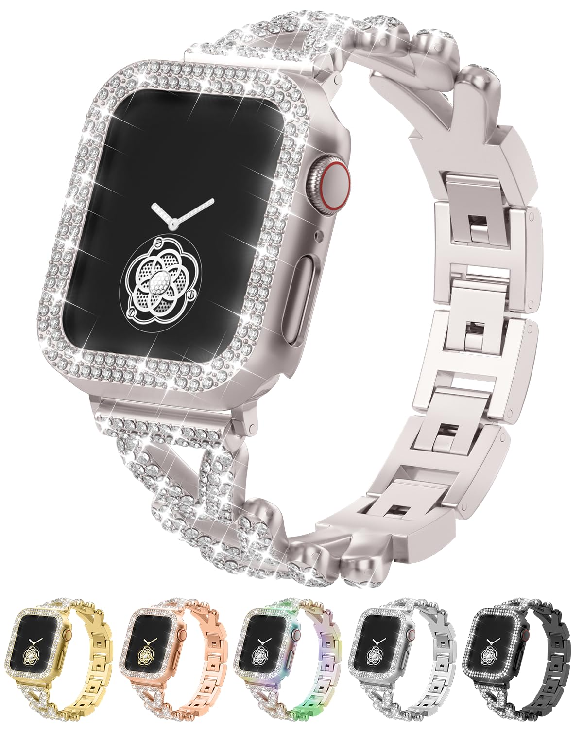 Rhinestones Encrusted Metal Bracelet and Case, Compatible with Apple Watch Bands 38mm-49mm (Series 11/10/1/SE/Ultra 2)- Bling Gold Women's Jewelry