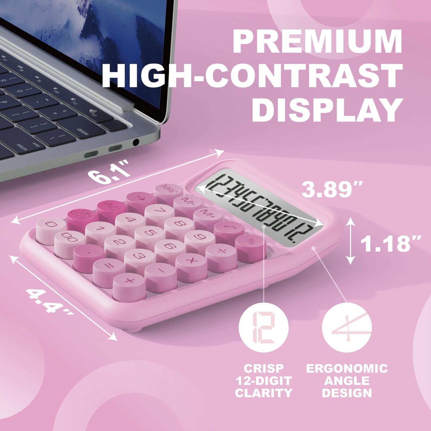 CATIGA Mechanical Switch Calculator, Pink Calculator with 12 Digit Large LCD Display & Big Buttons for Office Desk, Classroom Math, Back to School