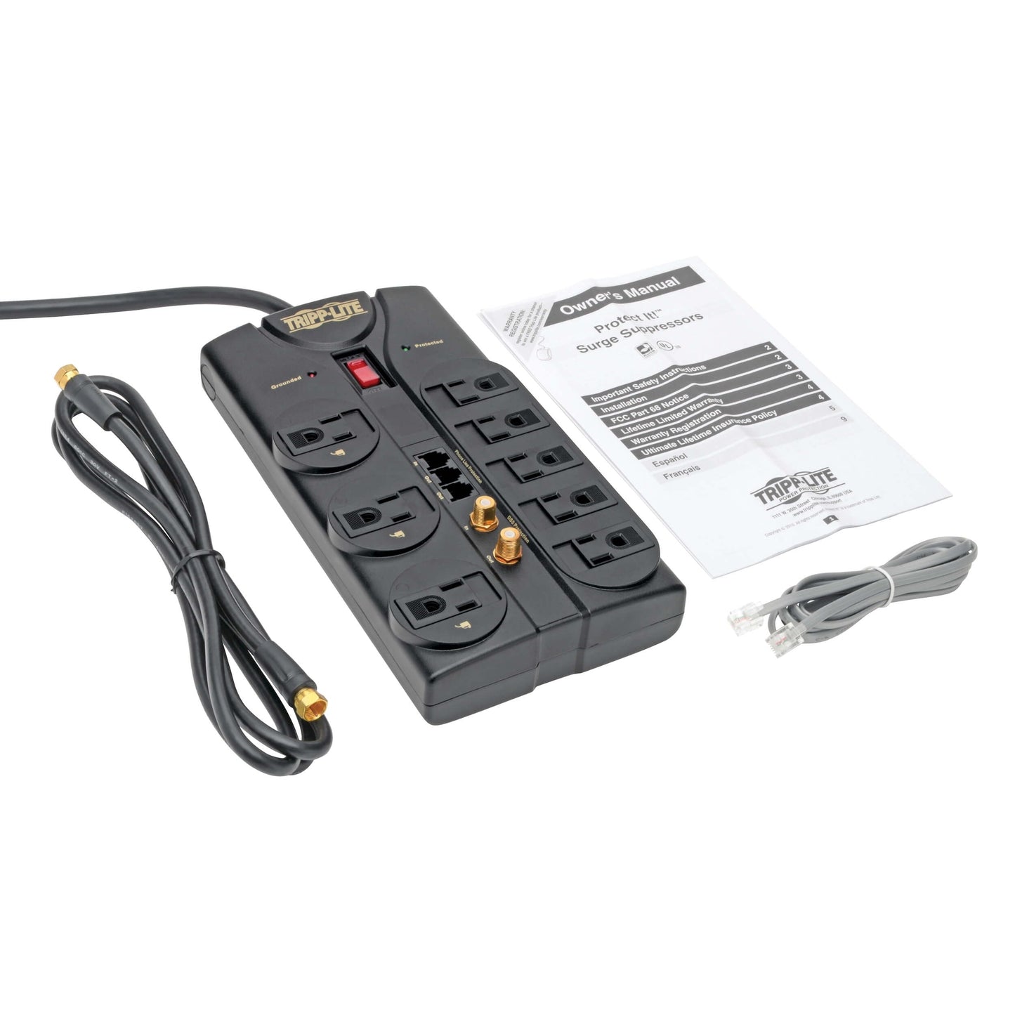 Tripp Lite 8 Outlet Surge Protector Power Strip, 8ft Cord, Right-Angle Plug, Tel/Fax/Modem/Coax Protection, RJ11, Life Limited Manufacturer's Warranty