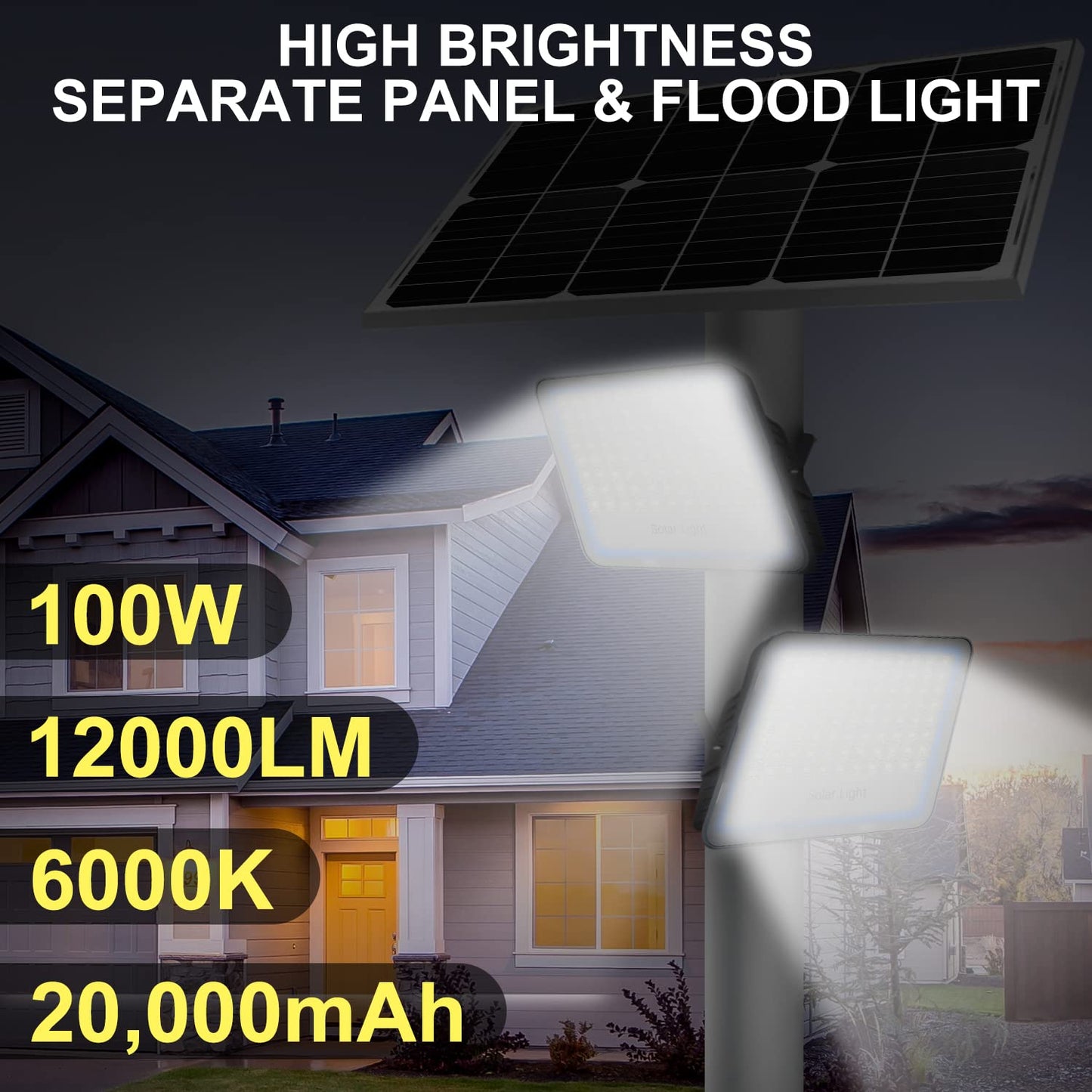 Gebosun 100W 12000LM Solar Flood Light Outdoor with Separate Panel, Dusk to Dawn & Motion Sensor Solar Street Lights Outdoor with Flash Warning