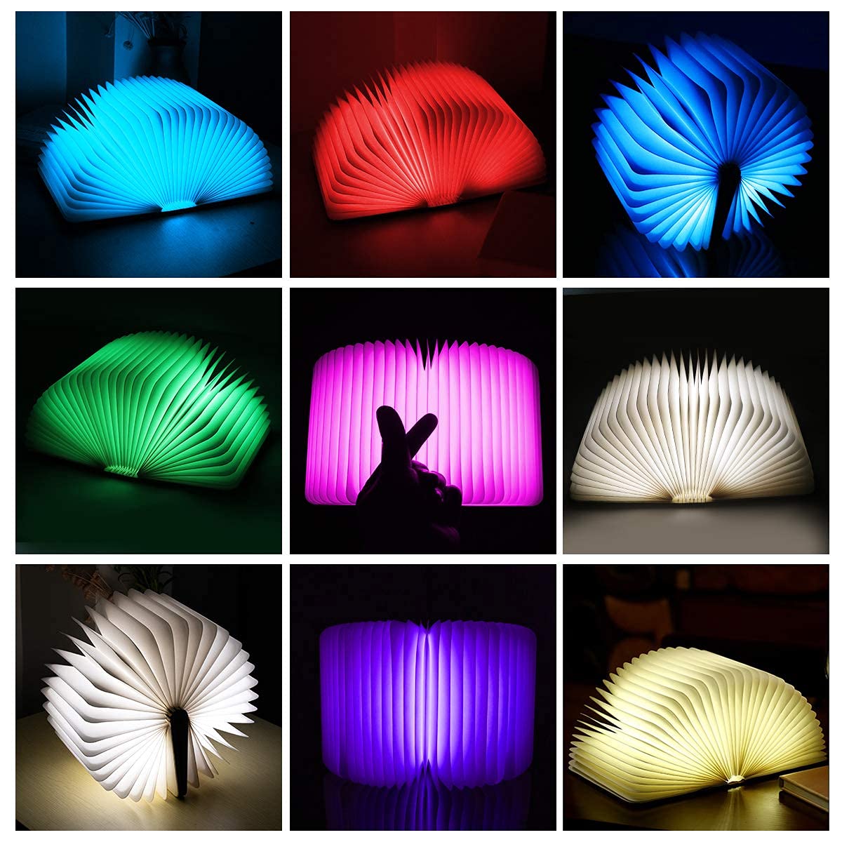 XIUDI 8 Colors Small Folding Book Lamp,Wooden Book Lights,Upgraded Version Portable Desk Light,Novelty LED Paper Lantern with USB Rechargeable Night