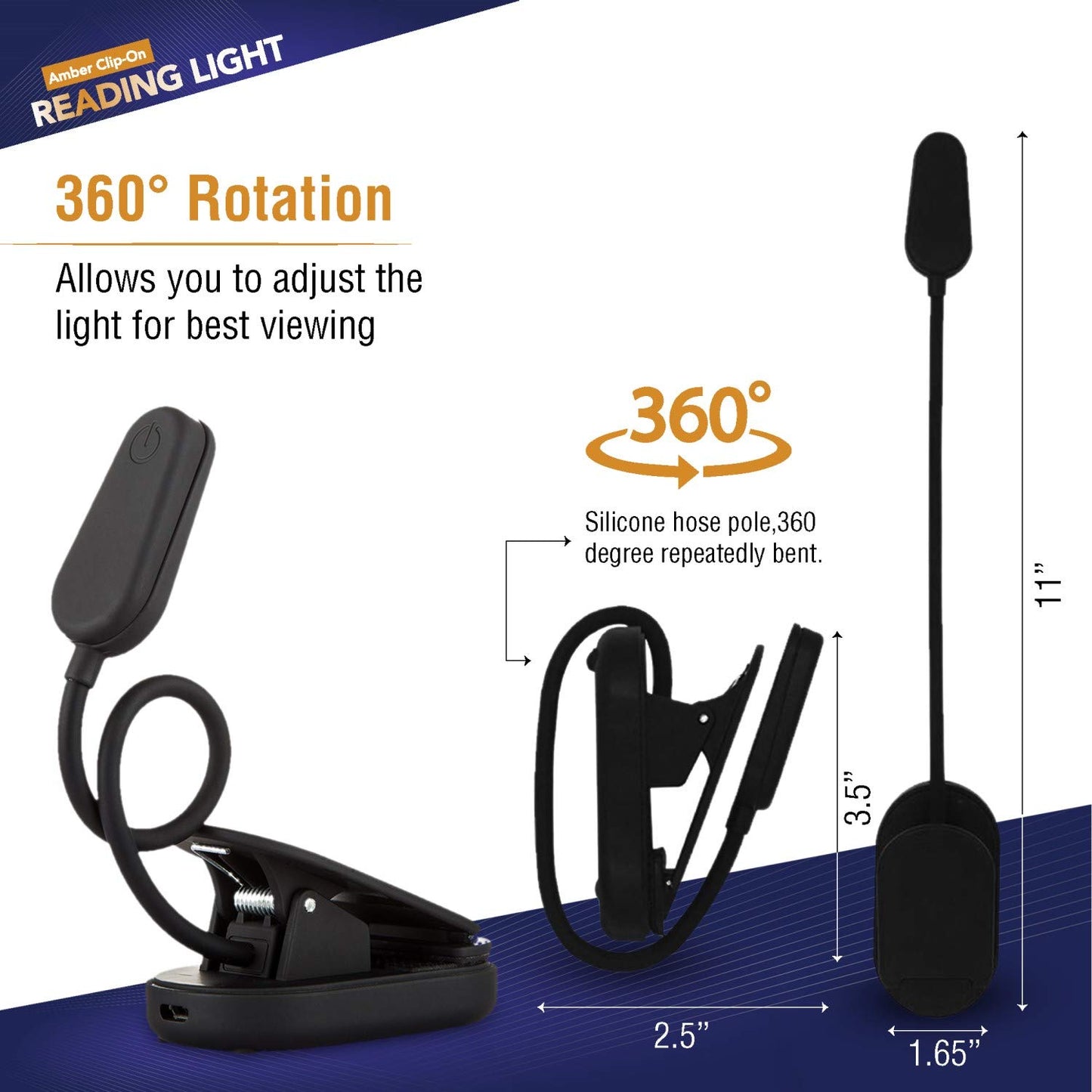 VYANLIGHT Book Light for Reading in Bed, Amber Color Reading Lamp with 360° Rotating Gooseneck, Rechargeable and Dimmable Warm Glow LED Clip-on Light