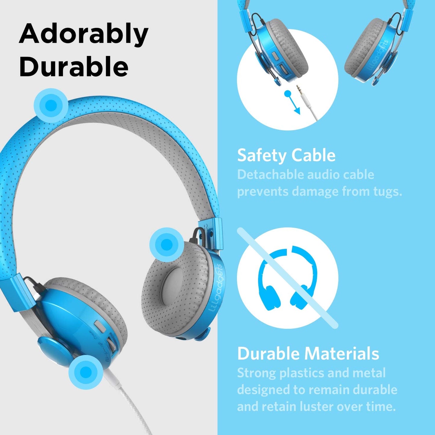 LilGadgets Bluetooth Headphones - Ages 4+ - On-Ear, Blue - Volume-Limited Kids Headphones for School with SharePort Tech & Mic - SoftTouch Padding, 12