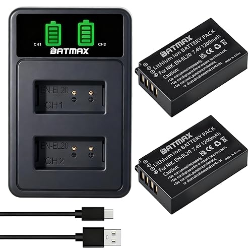 Batmax EN-EL20 Battery (2-Pack) + LED USB LCD Charger for Nikon EN-EL20 EN-EL20a Nikon P1000, P1100, DL24-500,1 J1, 1 J2, 1 J3, 1 S1, 1 V3, Coolpix A
