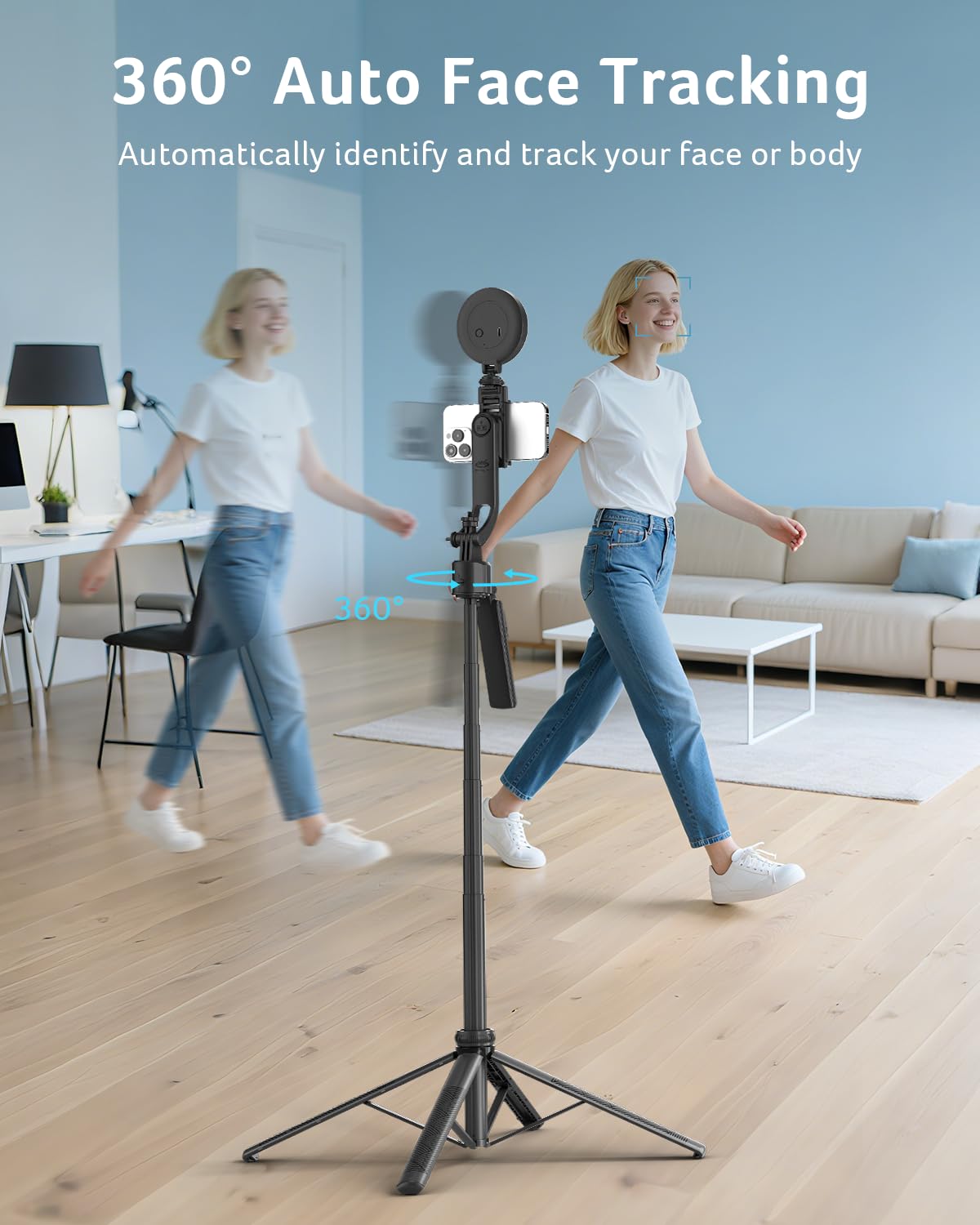 Acer Gadget Auto Face Tracking Tripod for iPhone/Cell Phone/Android/Camera with Light and Remote, 64", No App, 360°Rotating Tripod Selfie Stick