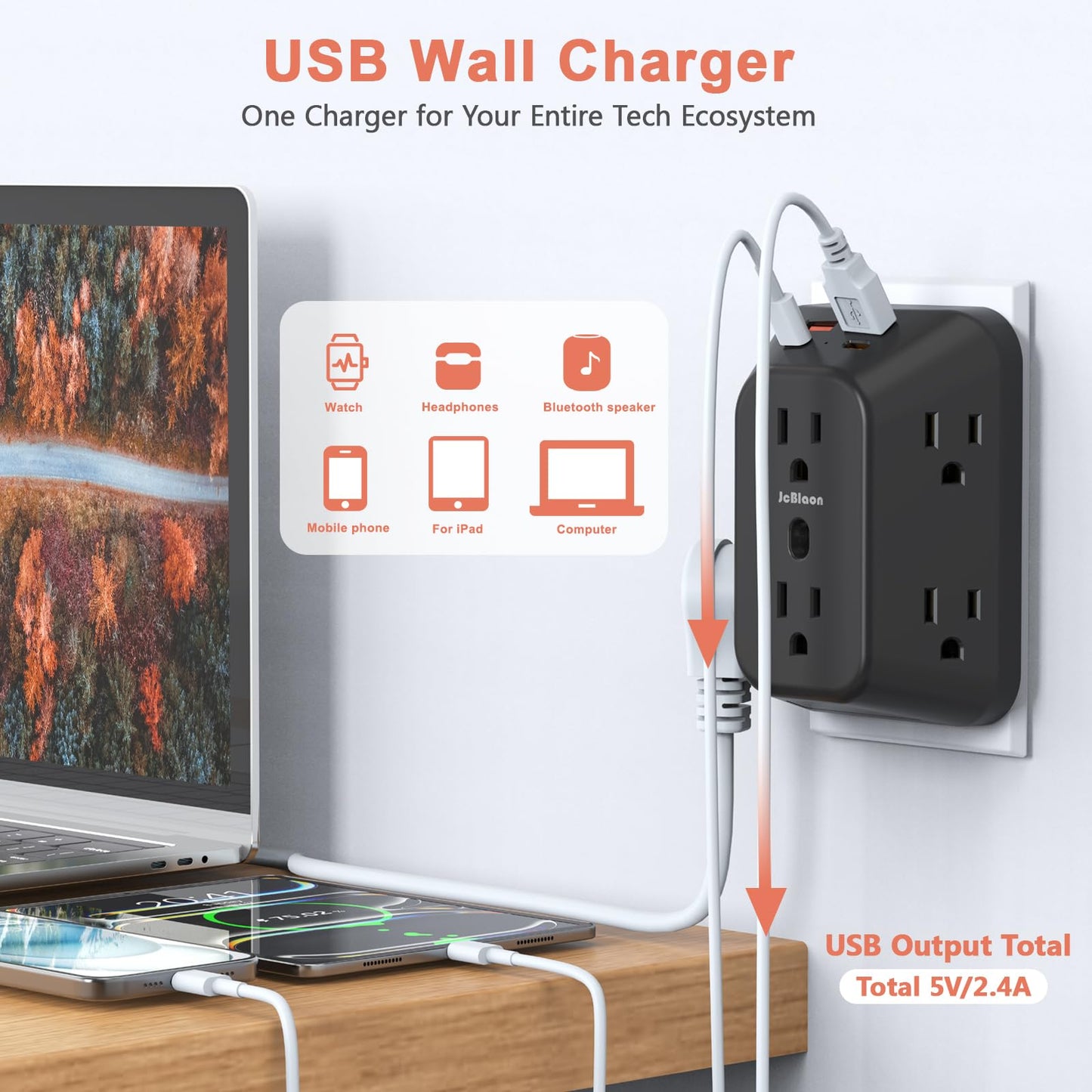 USB Wall Charger Electrical Outlet Extender, Surge Protector, 6 Outlet Splitter with 4 USB Outlet (2USB A, 2USB C) 4-Sided 1050J Power Strip Multi