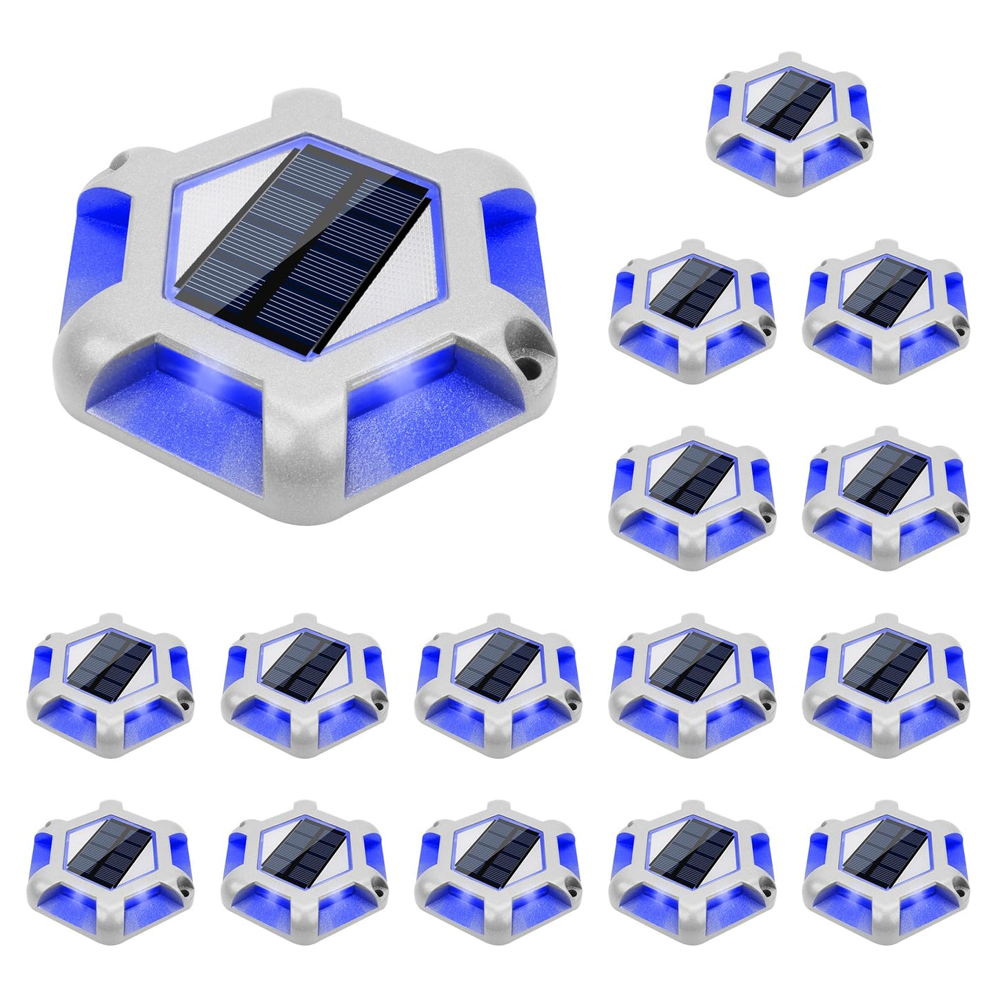 VOLISUN Solar Dock Lights, 16-Pack Waterproof Outdoor LED Aluminum Dock Lighting Warning Step Lights for Driveway (Blue+White, 2 Colors in 1), Auto