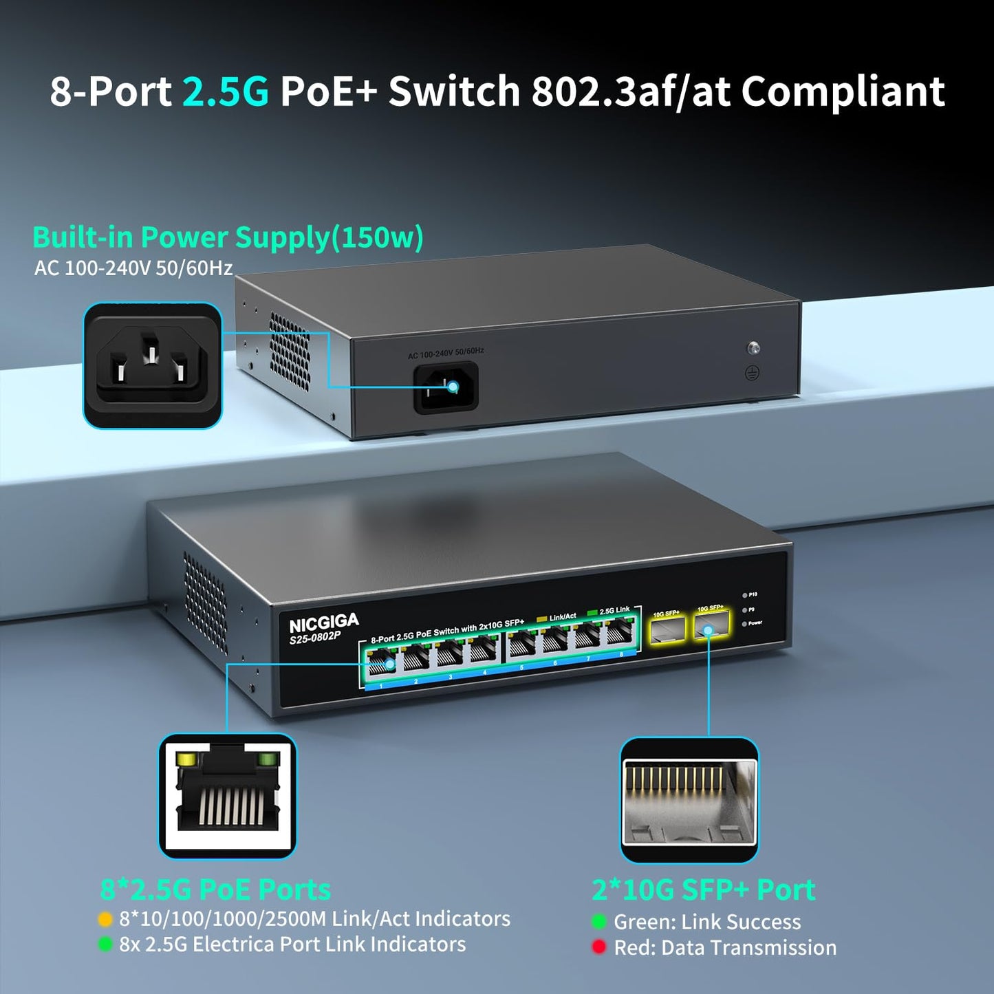 10 Port 2.5Gb PoE Switch Unmanaged with 8 Port 2.5G Base-T PoE+@130W + 2 x 10G SFP+ Uplink, NICGIGA 8 Port 2.5Gbe IEEE802.3af/at Power Over Ethernet