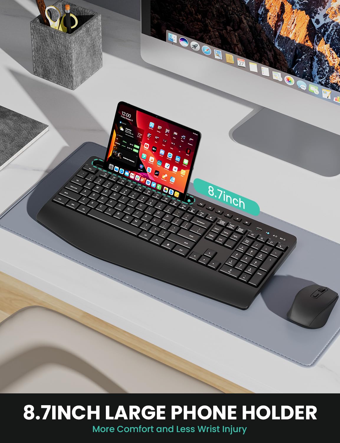 Ergonomic Wireless Keyboard and Mouse Combination, LIZRROT 2.4GHz Quiet Full Length Mouse and Keyboard, Wrist Stand, Phone Holder, Compatible