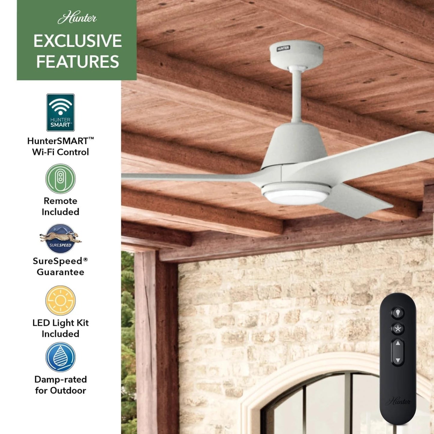 Hunter Fan 52 inch Ceiling Fan with Light, Outdoor or Indoor White Ceiling Fan with Remote for Porch, Living Room, Office, Kitchen, Garage, 3 Blades