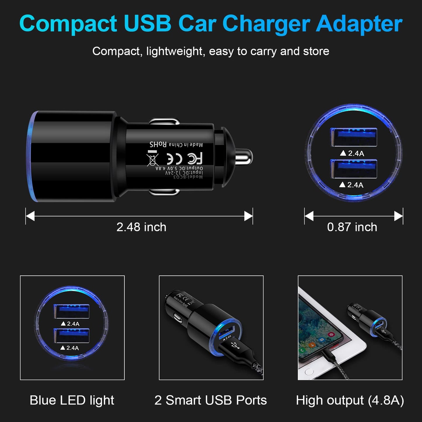 USB Car Charger, 2Pack 4.8A Fast Charging Dual Port USB Cigarette Lighter Adapter for iPhone 15 14 13 12 11 Pro Max SE XR X 8 7 6, iPad, Samsung