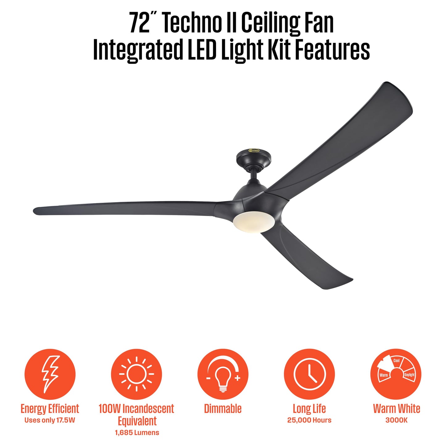 Westinghouse 7204200 Techno II LED Ceiling Fan with Light, 72-Inch, Black