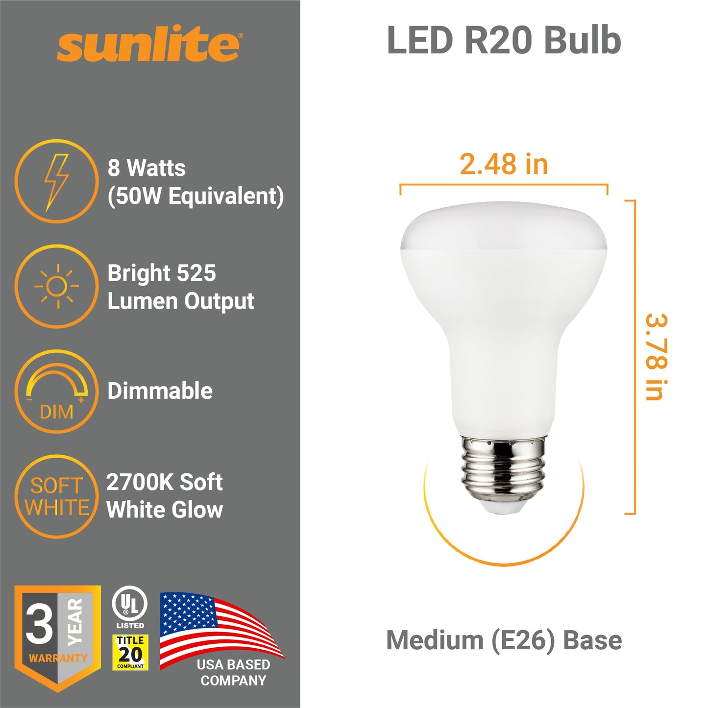 Sunlite LED 90 CRI R20 Recessed Light Bulb, 8 Watts (50W=), 525 Lumens, Dimmable, Medium Base (E26), Wide 110° Beam Angle, Title-20 Compliant, UL