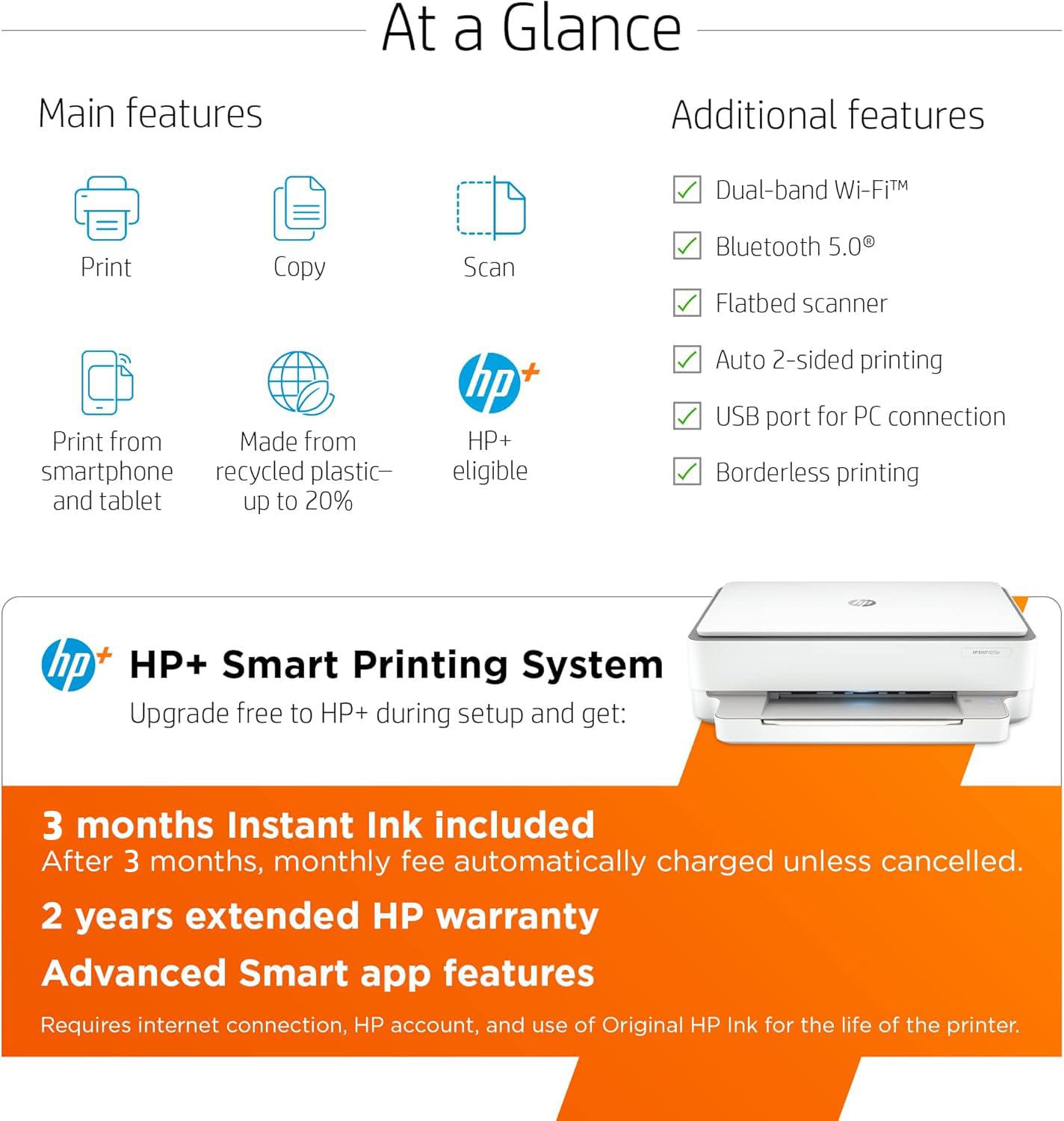 HP ENVY 6055e Wireless Color Inkjet Printer, Print, scan, copy, Easy setup, Mobile printing, Best-for-home, 3 month Instant Ink trial included, white