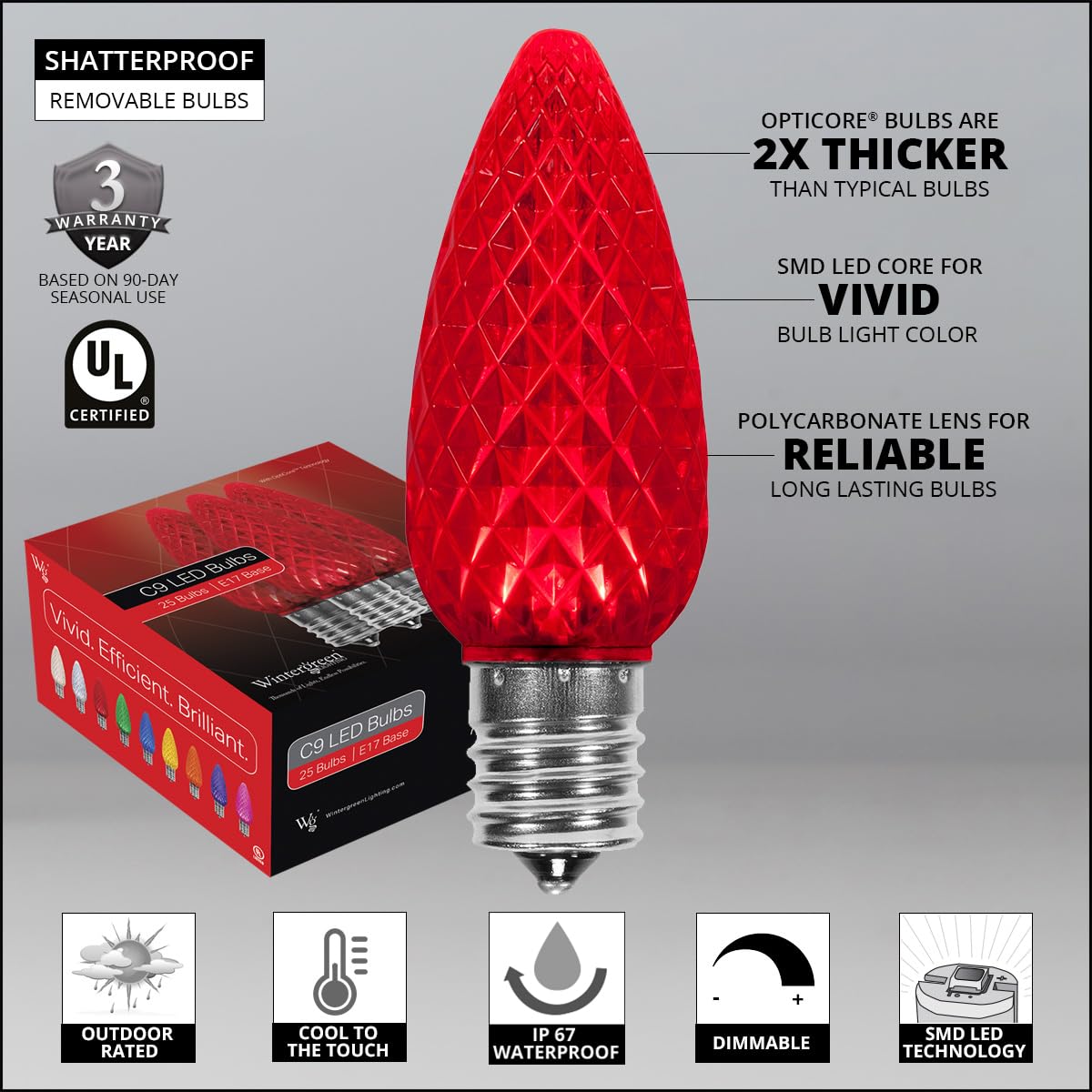 Wintergreen Lighting 25 C9 OptiCore LED Commercial Outdoor Christmas Lights - Heavy Duty Christmas String Lights; Green Wire (25 ft, Red)