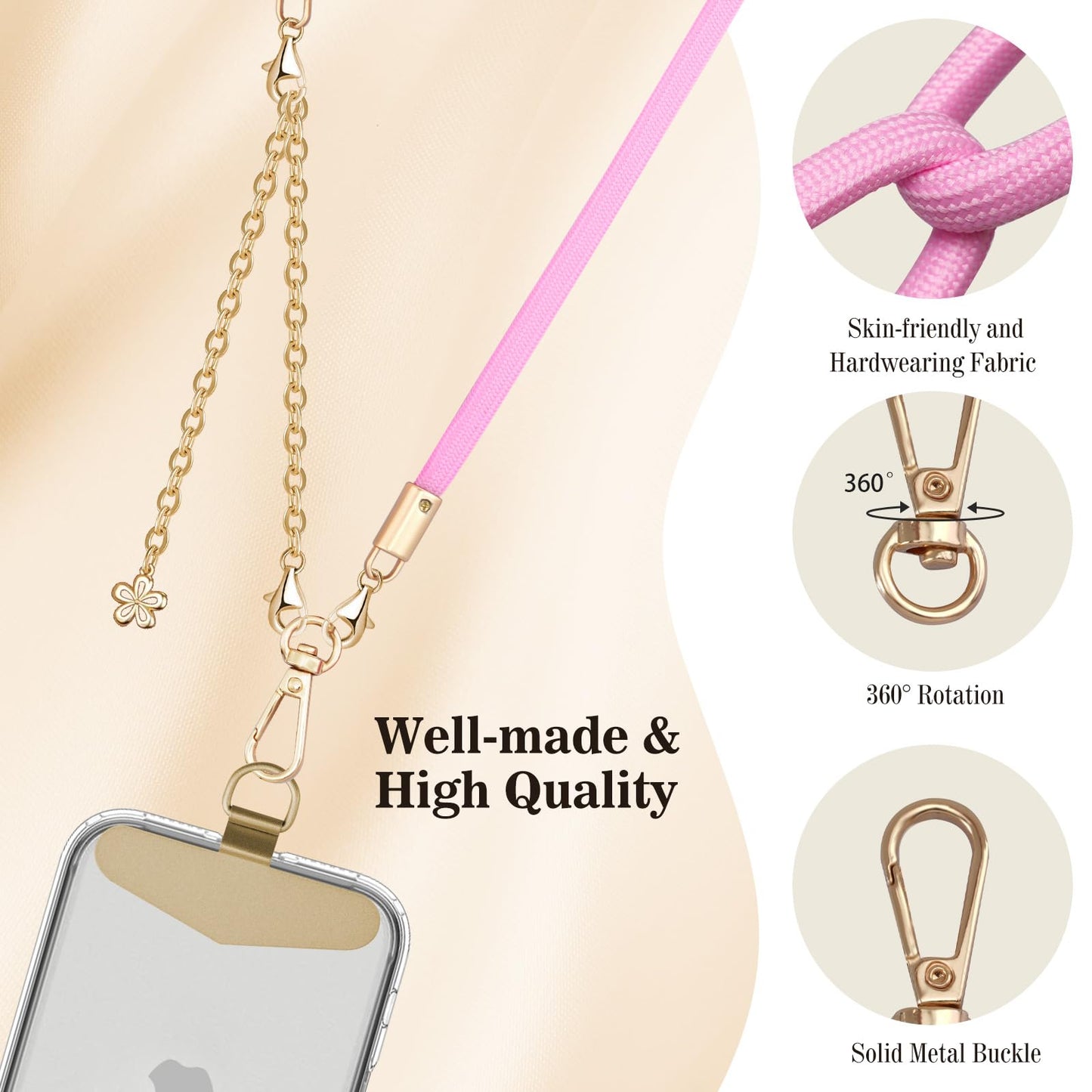TiMOVO 2-in-1 Phone Lanyard Crossbody, Metal Cell Phone Chain Detachable Wrist Strap, Universal Smartphone Lanyard for Women, Pink
