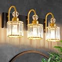 DIAMONDFORGE Bathroom Vanity Light Fixtures Over Mirror, Makeup Lighting for Modern Wall, Bath, Desk, Hallway, Farmhouse, 3 Crystal Lights, Black Gold
