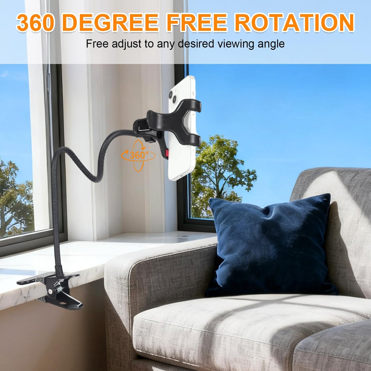 Kdyxvhy Gooseneck Phone Holder for Desk,Clip On Phone Holder for Bed,Flexible Long Arm Lazy Bracket,Cell Phone Stand Mount with Clamp for iPhone 16