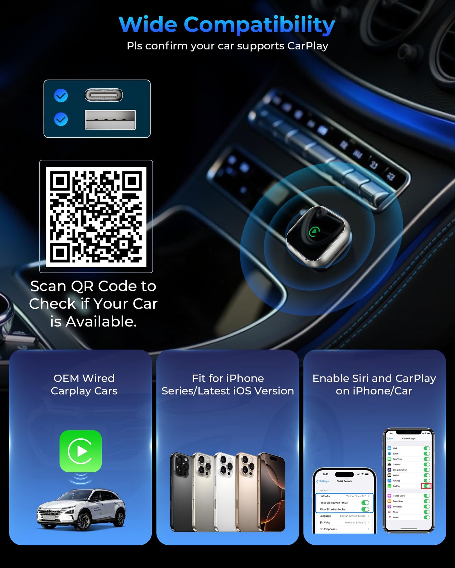 Wireless CarPlay Adapter for Apple iPhone - Upgrade Wired CarPlay to Wireless Device, Mini T-Shaped for Car USB Plug and Play Auto Reconnect, for GPS