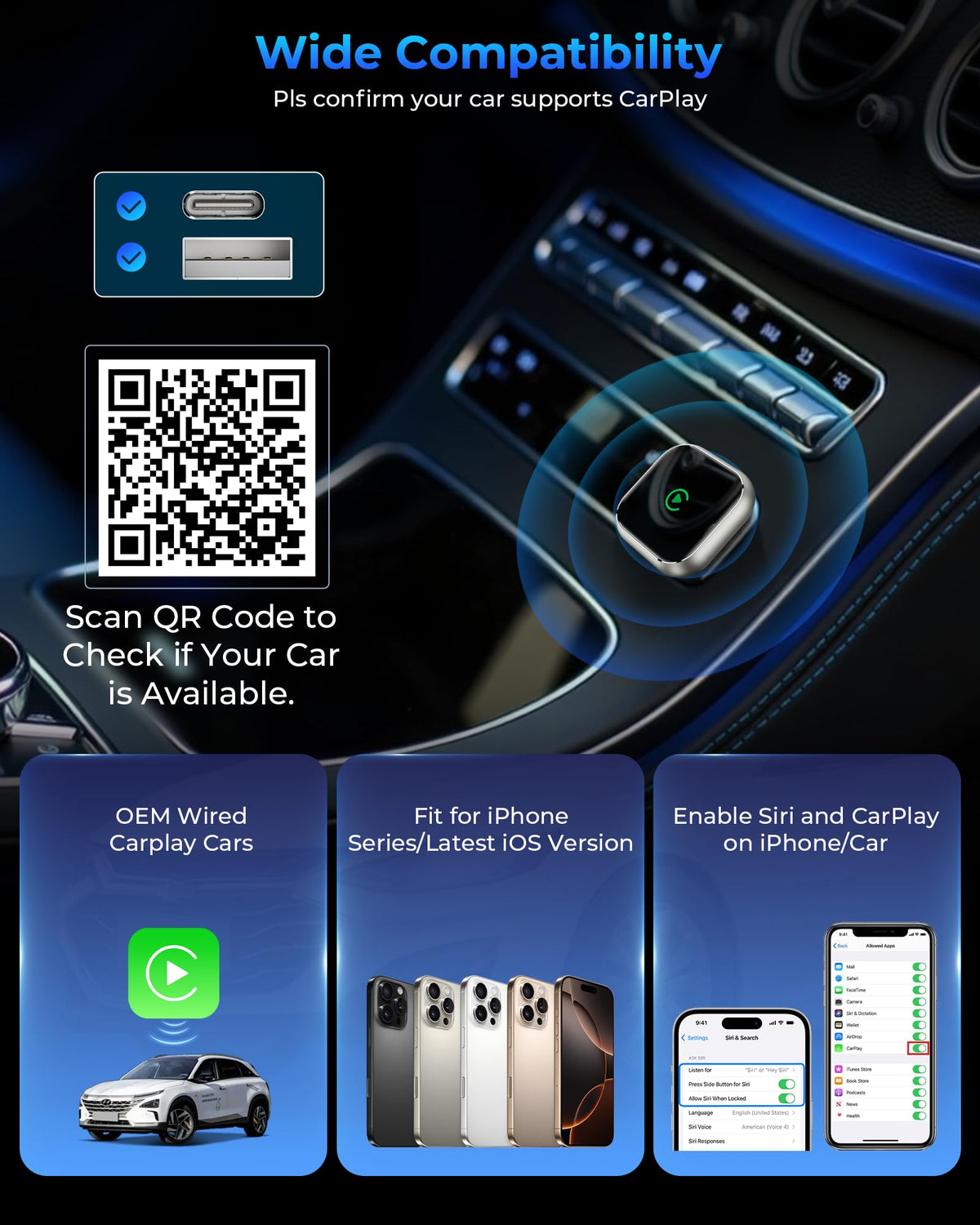 Wireless CarPlay Adapter for Apple iPhone - Upgrade Wired CarPlay to Wireless Device, Mini T-Shaped for Car USB Plug and Play Auto Reconnect, for GPS Navigation Audio Satellite Radio Equipment