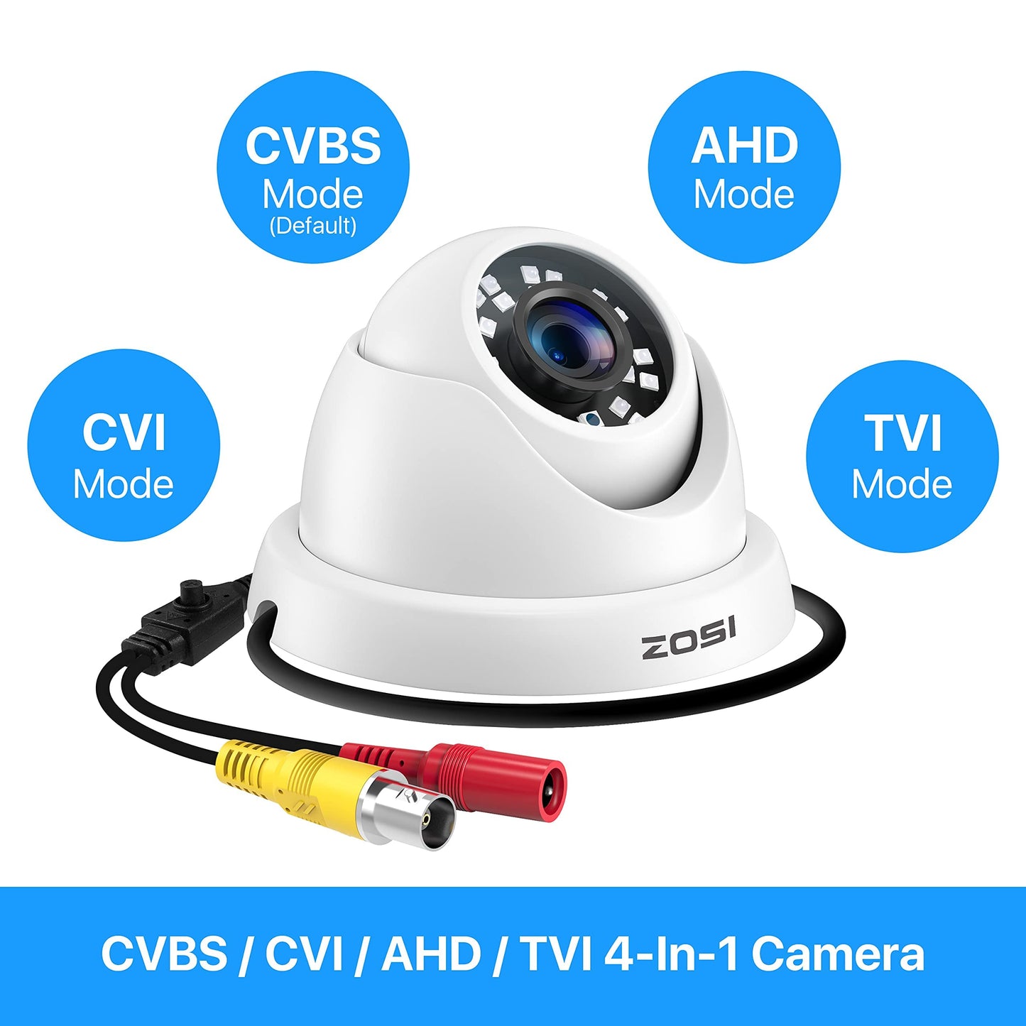 ZOSI 1080P FULL HD 4-in-1 TVI/CVI/AHD/CVBS Security Camera 1920TVL Outdoor Indoor Day Night Surveillance CCTV Dome Camera for HD-TVI, AHD, CVI,