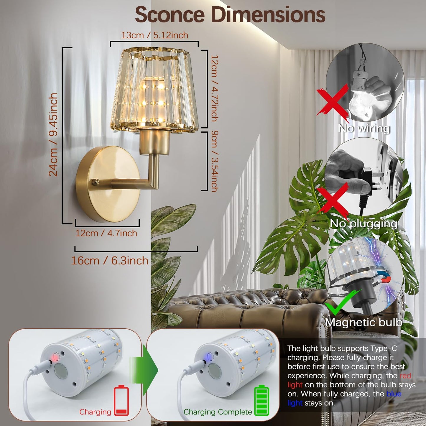 Daoteper Crystal Battery Operated Wall Sconces Set of 2, Gold Rechargeable Wireless Wall Lights with Remote, 13 Colors and RGB Dimmable, Auto Timer