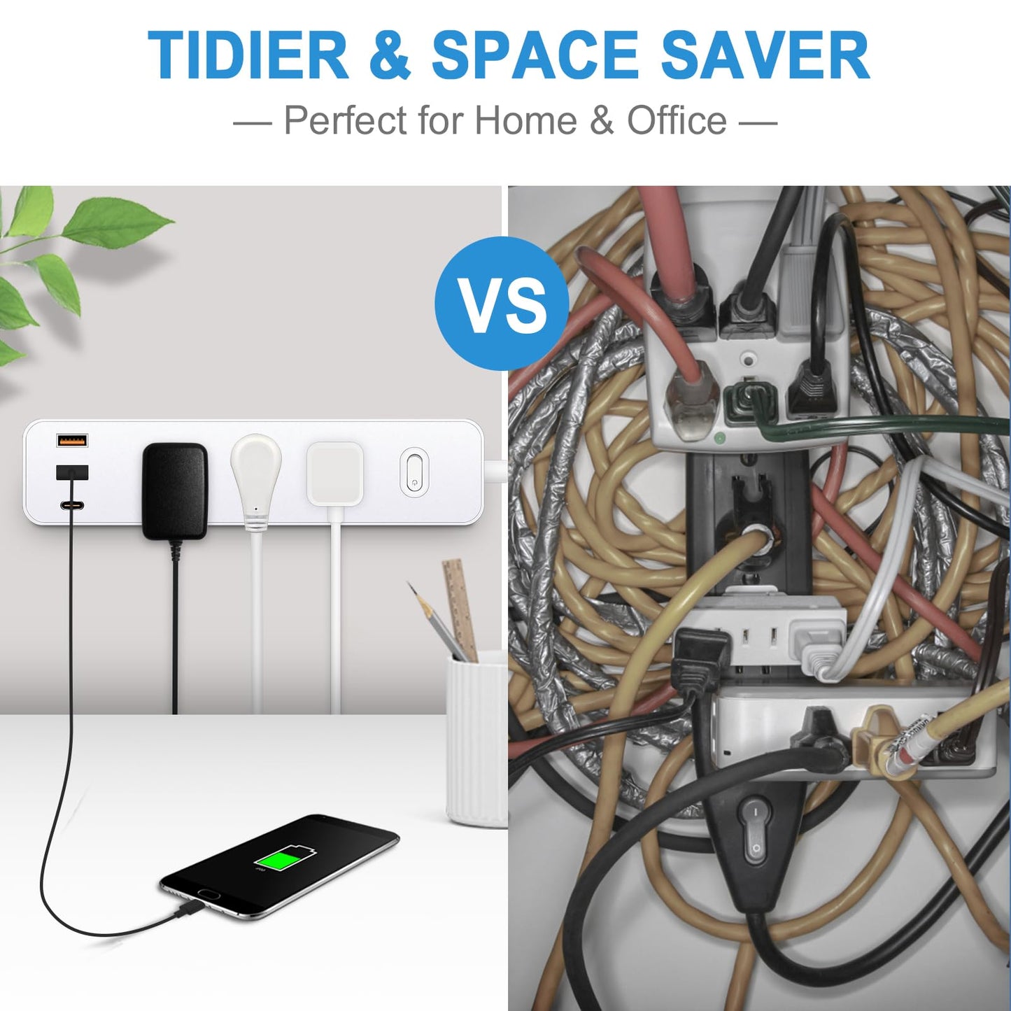 10FT Power Strip Surge Protector, 12-in-1 Power Bar with Multiple Outlets, 9 Outlet 3 USB Ports, Flat Plug Power Strip Surge Protector, Multi Outlet