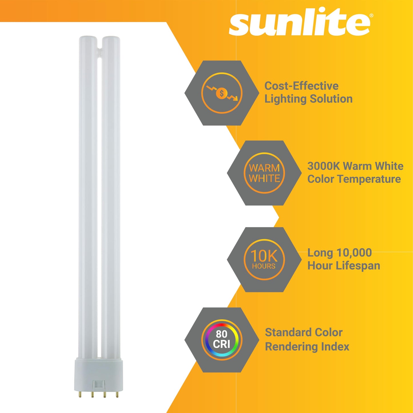 Sunlite FT24DL/830 Plug-in Twin Tube Compact Fluorescent Lamp, FT 4-Pin, 24 Watts, 1800 Lumens, 3000K Warm White, 4-Pin (2G11) Base, 120 Volts, 1 Pack