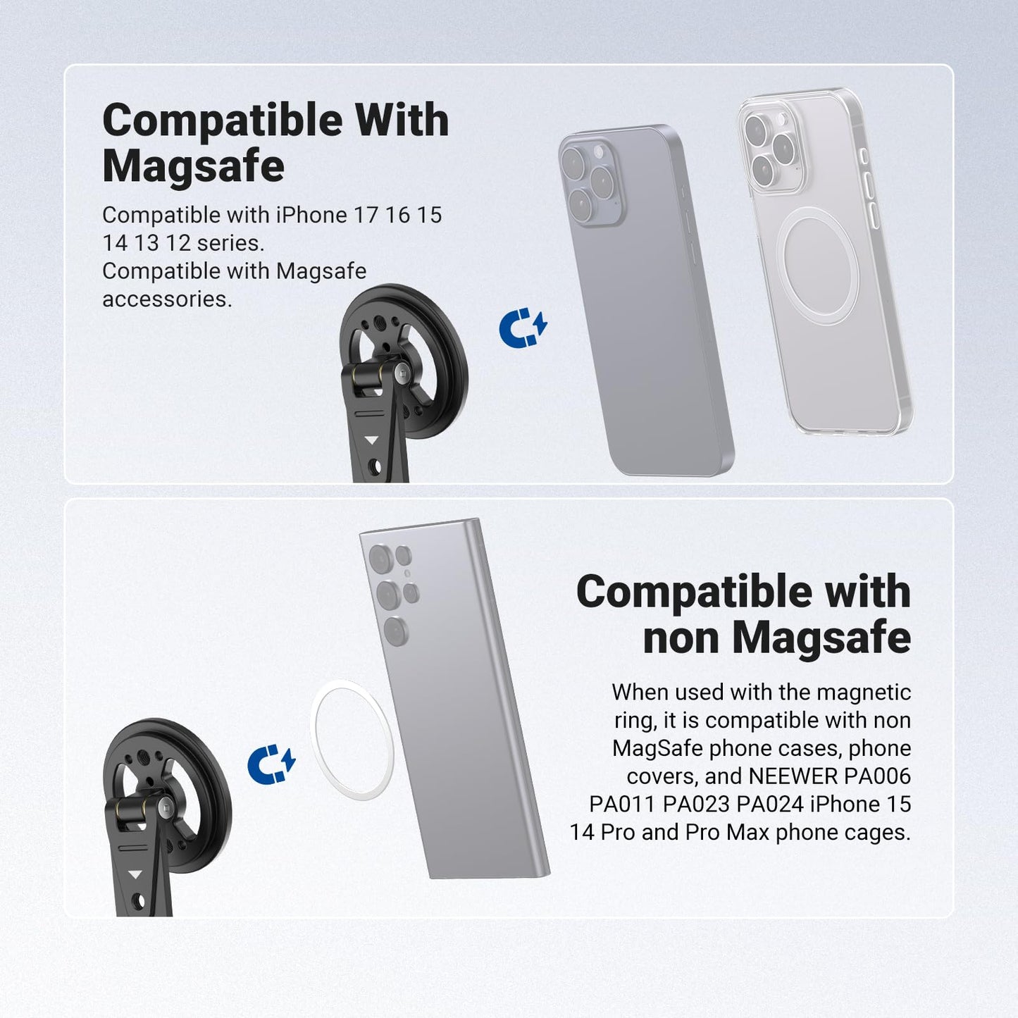 NEEWER Magnetic Phone Tripod Mount Compatible with MagSafe iPhone Samsung, Metal Adjustable Rotatable Cellphone Holder Adapter w/Cold Shoe for Tripod