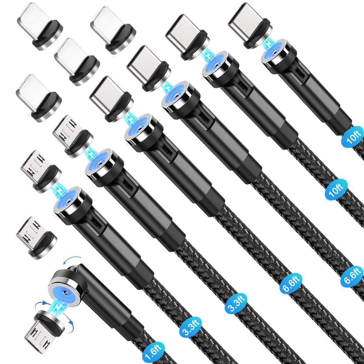 Bojianxin Magnetic Charging Cable 540° Rotation?7-Pack, 1.6ft/3.3ft/3.3ft/6.6ft/6.6ft/10ft/10ft, 3 in 1 USB C Magnetic Phone Charger Cable Compatible