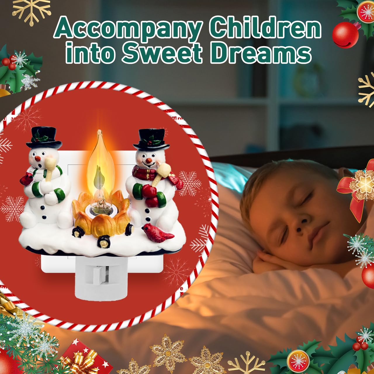 Christmas Decorations?Snowman Campfire Night Light?4 Inch Resin Rotating Plug Christmas Night Light with Flame Flicker Effect, Suitable for Children's