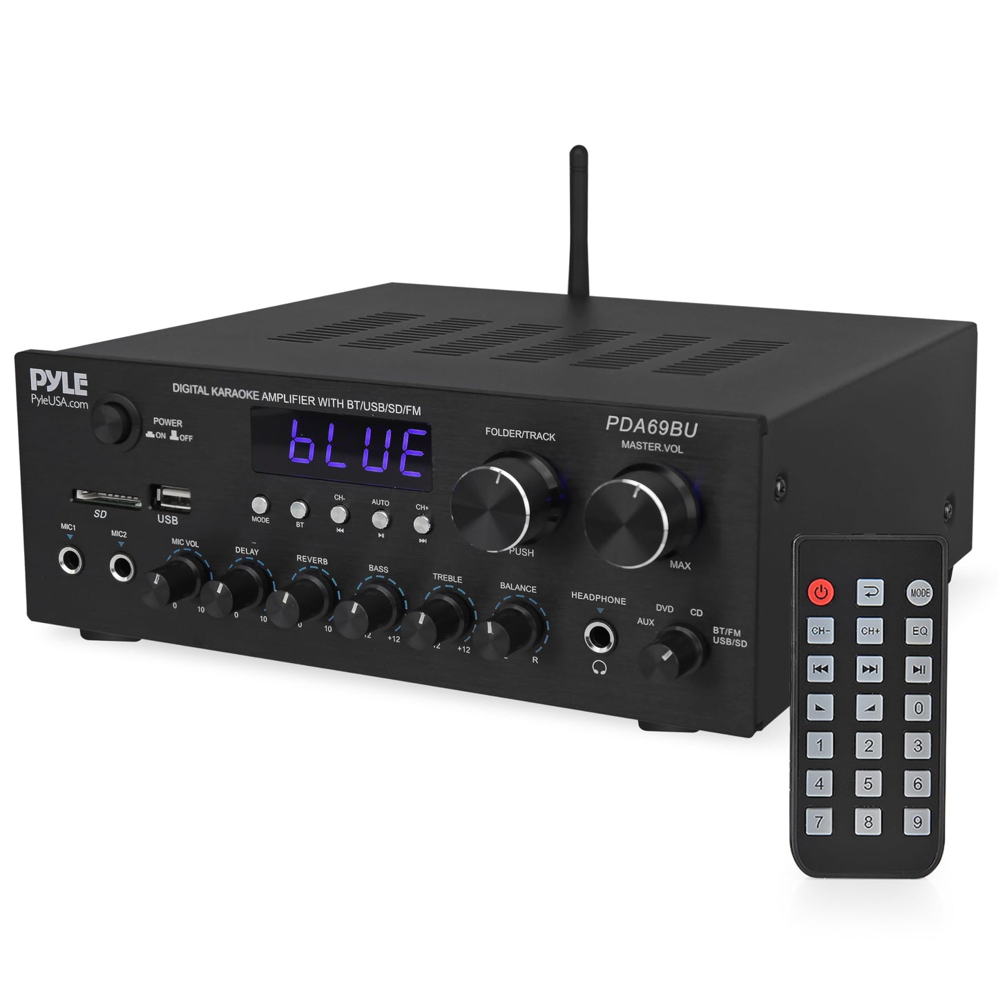 Pyle Home Karaoke Amplifier Receiver with Bluetooth Streaming, 200 Watt Peak, Dual Mic Inputs with Delay and Reverb, 2.0 Channel Hi Fi Sound System