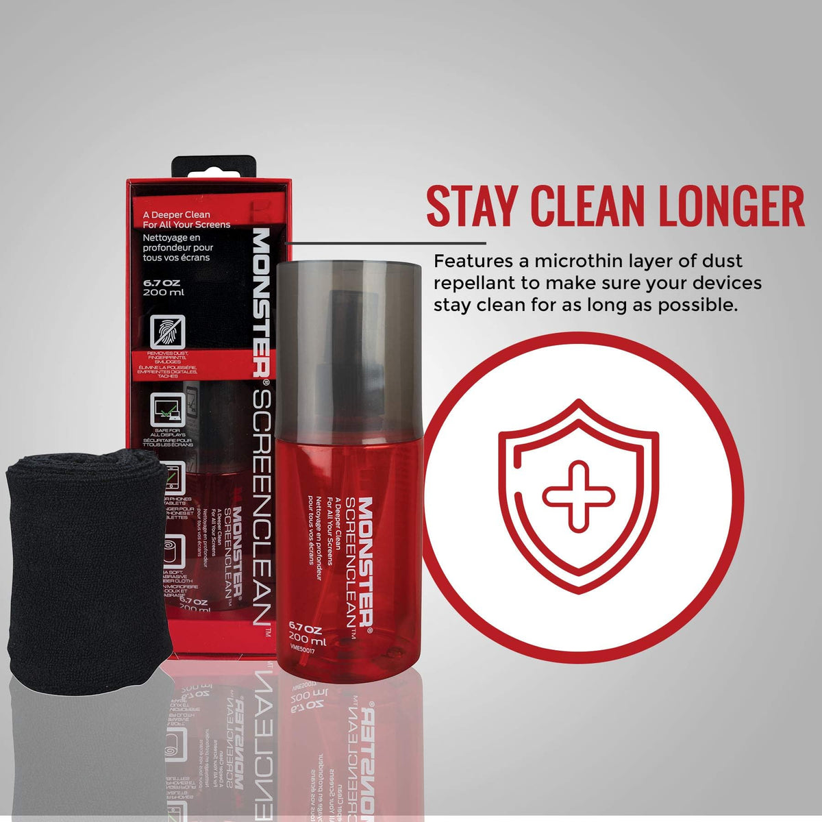Monster Screen Cleaner Kit with Microfiber Cloth, 6.7 oz (200 mL) Monitor Cleaning Spray for HDTVs, Laptops, Tablets, Smartphones and Eyeglasses, White/Black/Red