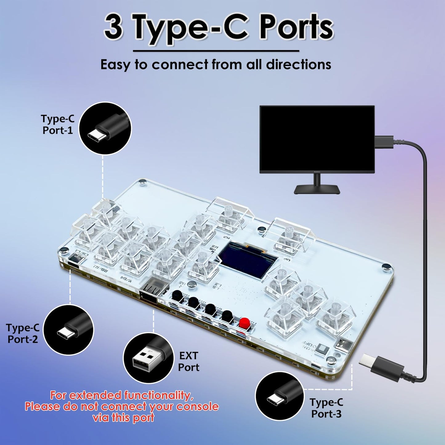 Stickless Arcade Controller 16Keys Arcade Fight Stick Game Keyboard Custom RGB & Turbo with 3 TYPE-C Ports, Mini Fighting Game Leverless Controller