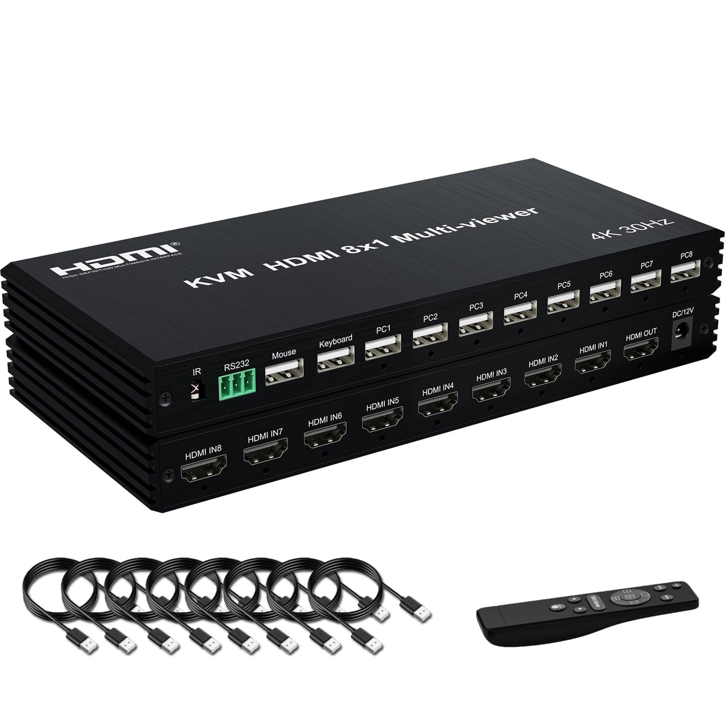 4K HDMI KVM Switcher 8 in 1 Out, 4K Multi-Viewer with IR Remote and Button Switch, HDMI Splitter with 16 Modes Displays 1 Full Screen+15 Kinds Split