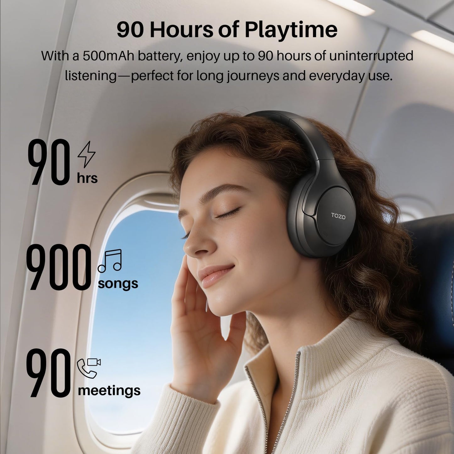 TOZO HT3 Hybrid Noise Cancelling Wireless Headphones, 90H Over Ear Headset