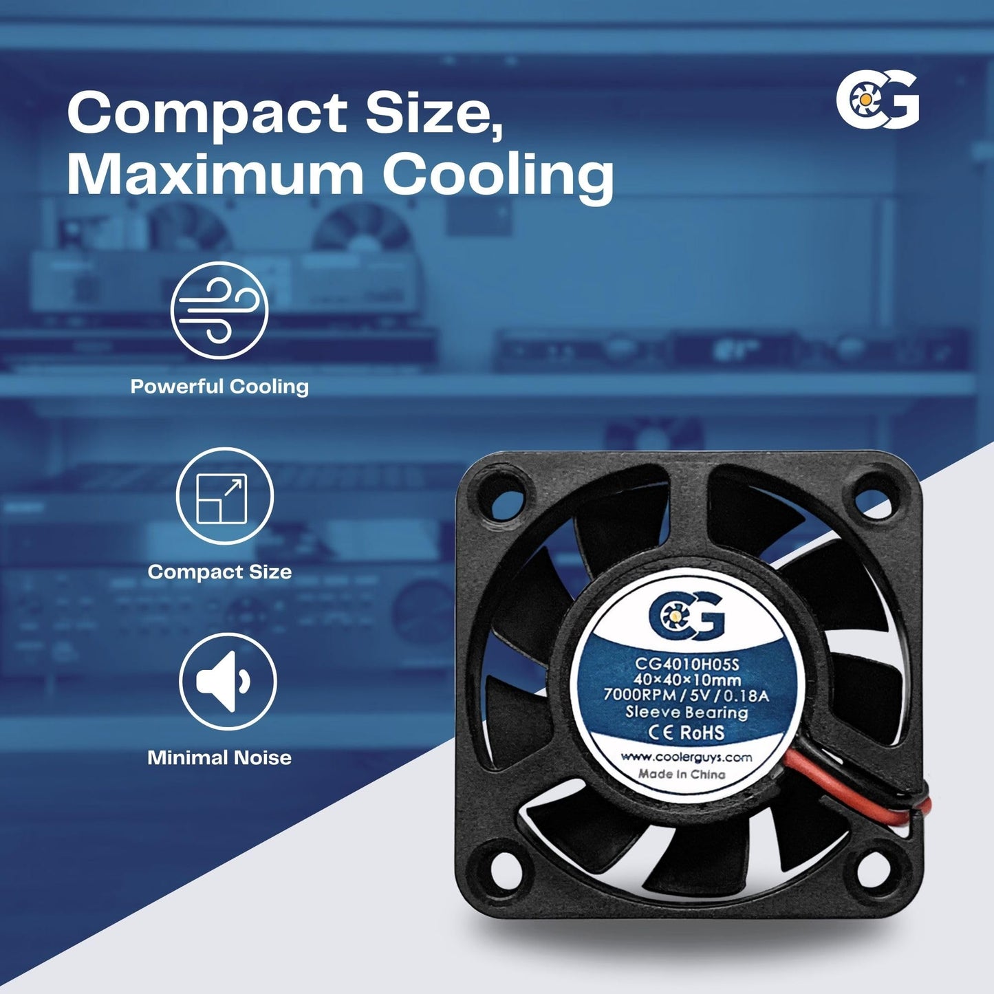 Coolerguys 40x40x10mm 5V 2-Pin High-Speed Fan - Desktop Computer Fan - 7000 RPM, 5.14 CFM, 33.5 dBA Noise Level