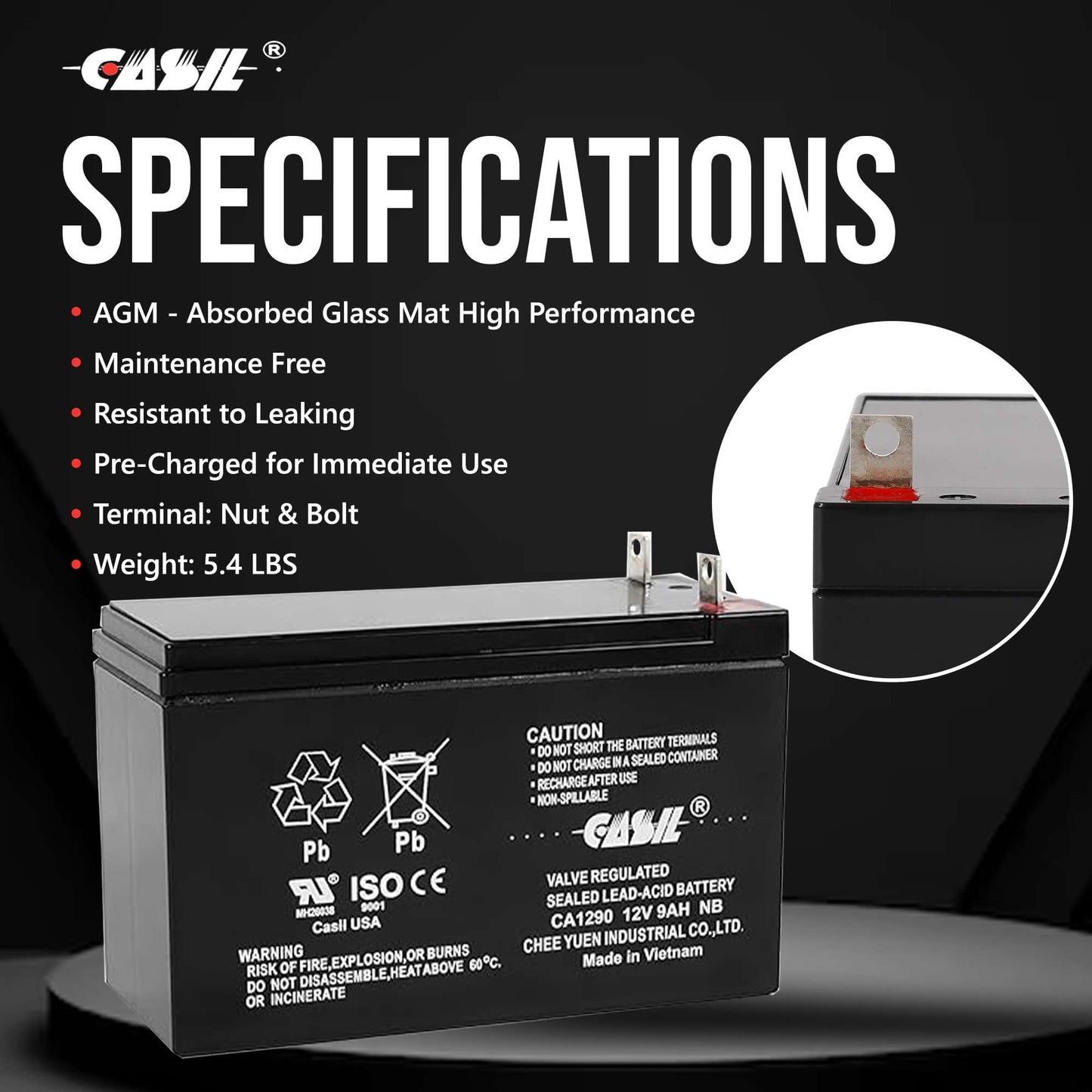 Casil ML9-12NB - 12 Volt 9 AH Rechargeable SLA Battery Battery Backup Battery
