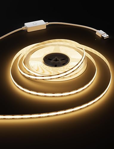 MIWISE LED Strip Lights,Super Bright 5V USB COB Tape Light 9.84ft/3m 2700K Warm White with Touch Dimmer Switch,CRI90+ Flexible Dimmable TV