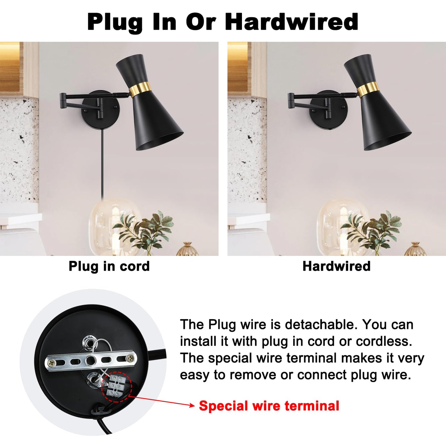 Modern Swing Arm Wall Sconce, Plug In Wall Lamp For Bedroom Bedside, Universal Adjustable Cordless Wall Light Fixtures, Foldable Wall Mount Reading
