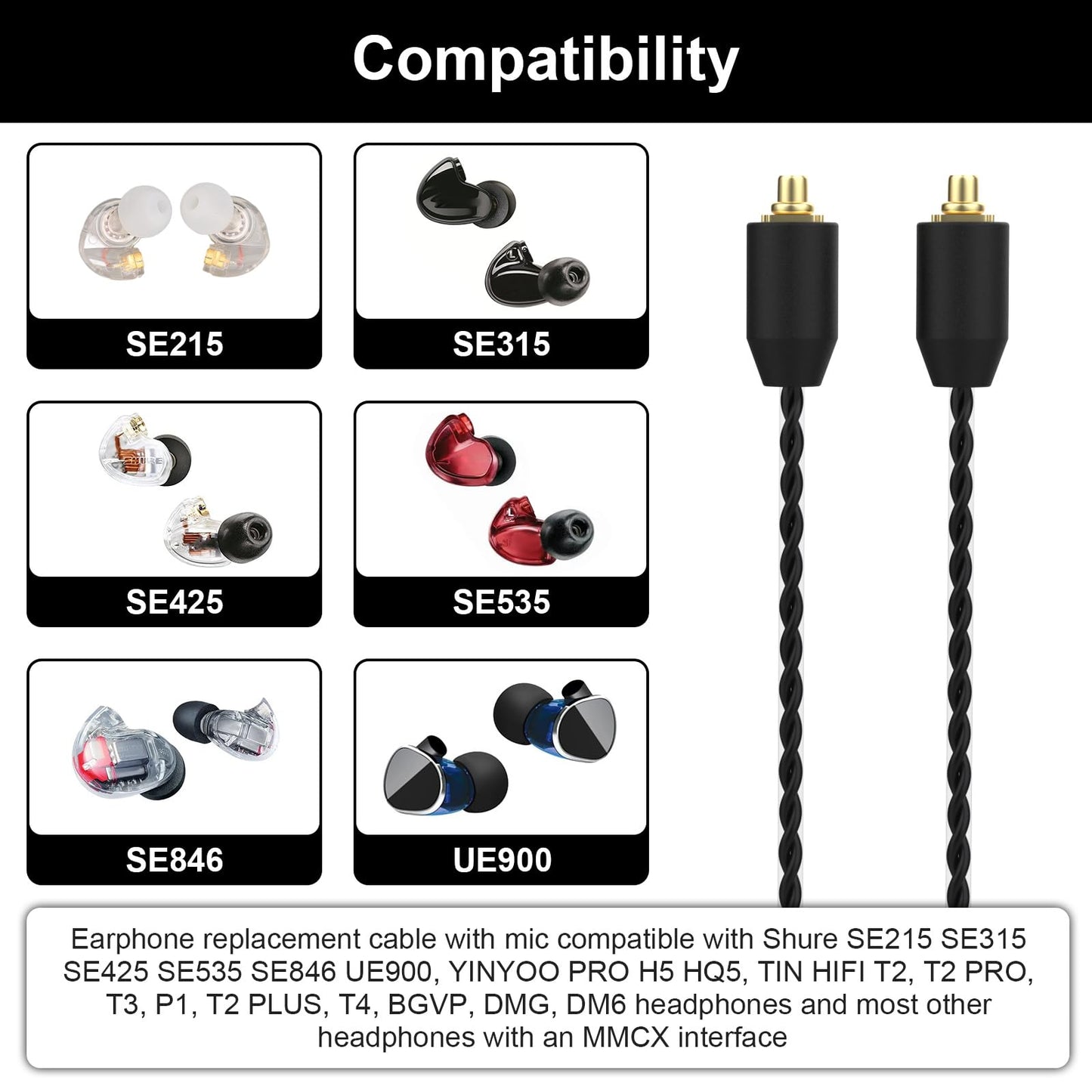 MMCX Cable with Mic Compatible with Shure SE215, SE215 PRO, SE315, SE425, SE425 PRO, SE535, SE846, UE900 Earbuds, 3.5mm Headphone Cable with Volume…