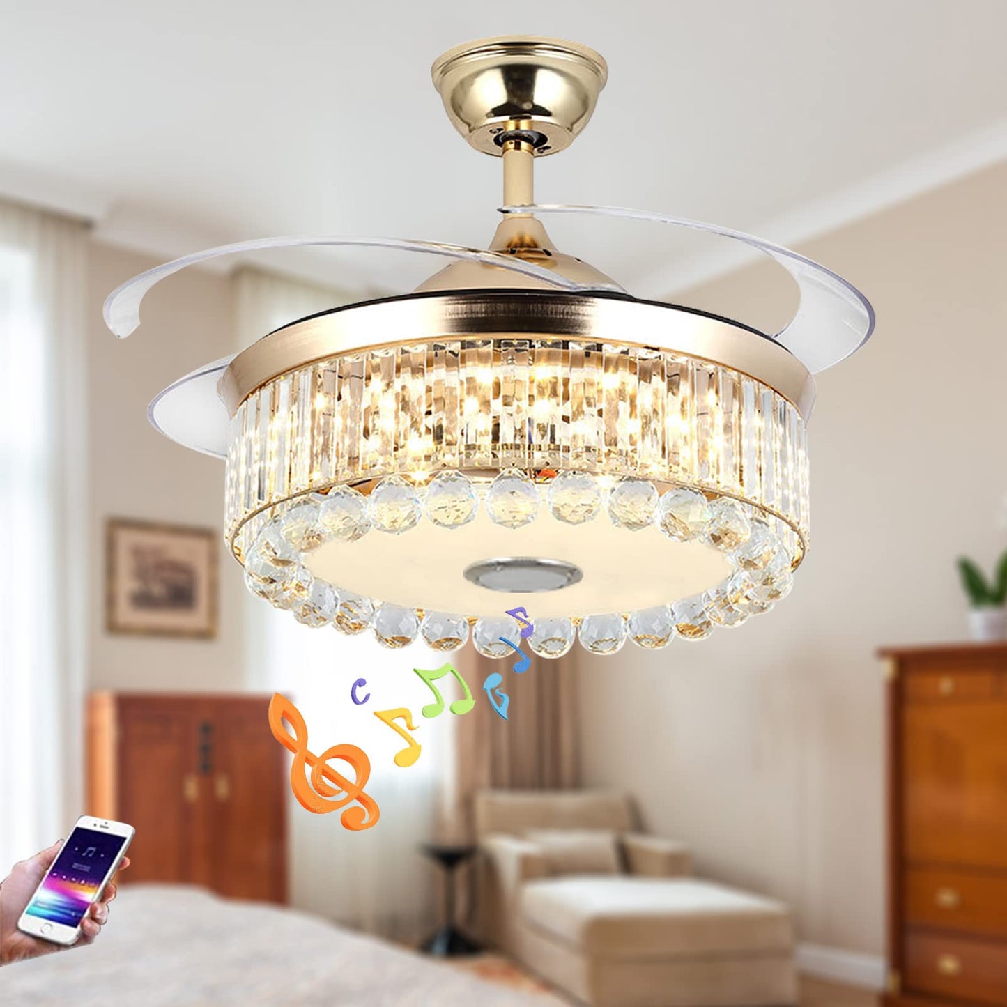 FANRYO 42’’ Modern Ceiling Fan with Lights Remote Control Reversible Blades, Fandelier with Bluetooth Speaker 7 Dimmable Color 6 Speed, Gold Crystal