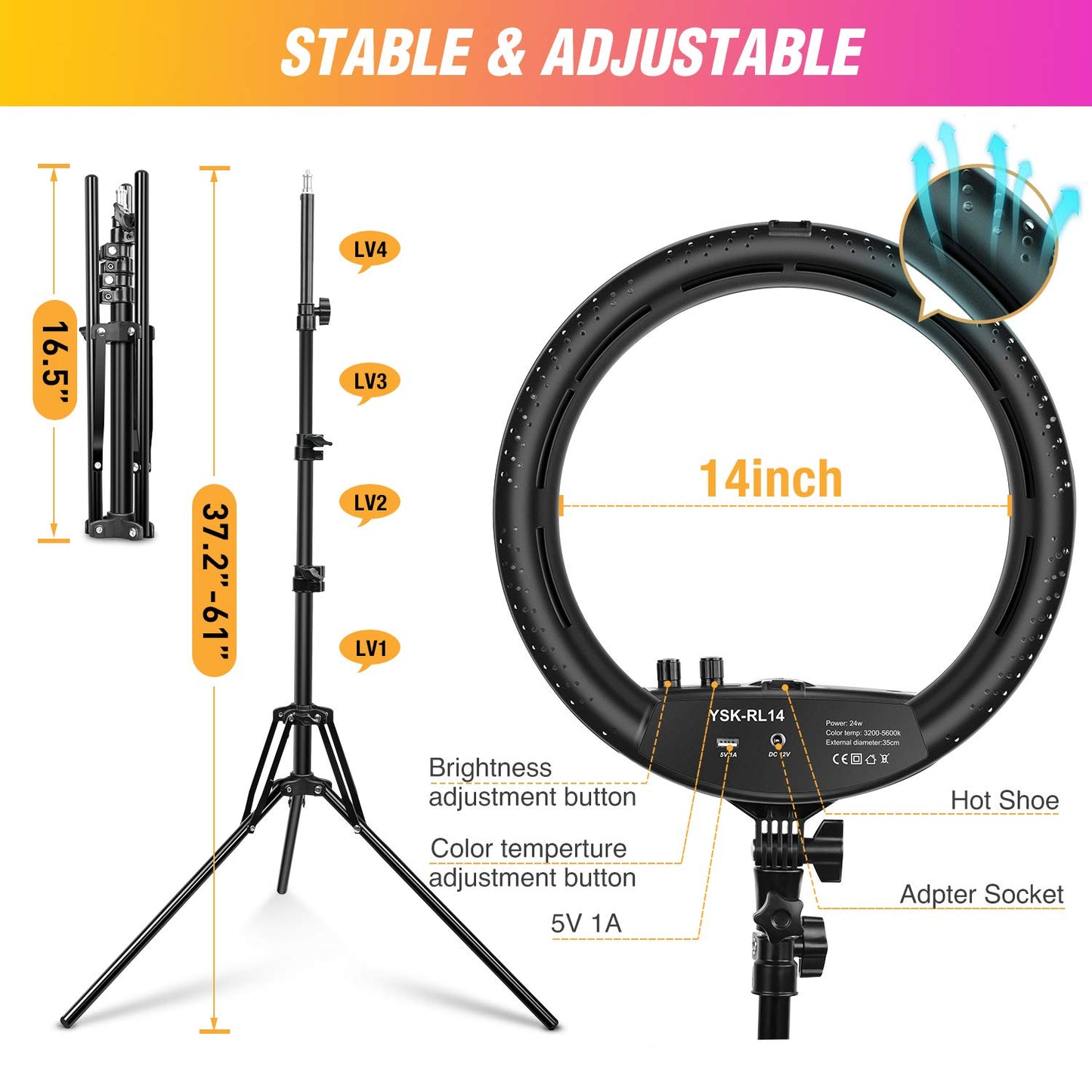 Ring Light with Tripod Stand, Yesker 14 Inch LED Ringlight Kit with Phone Holder Adjustable Color Temperature Circle Lighting, Led Photo Beauty Ring