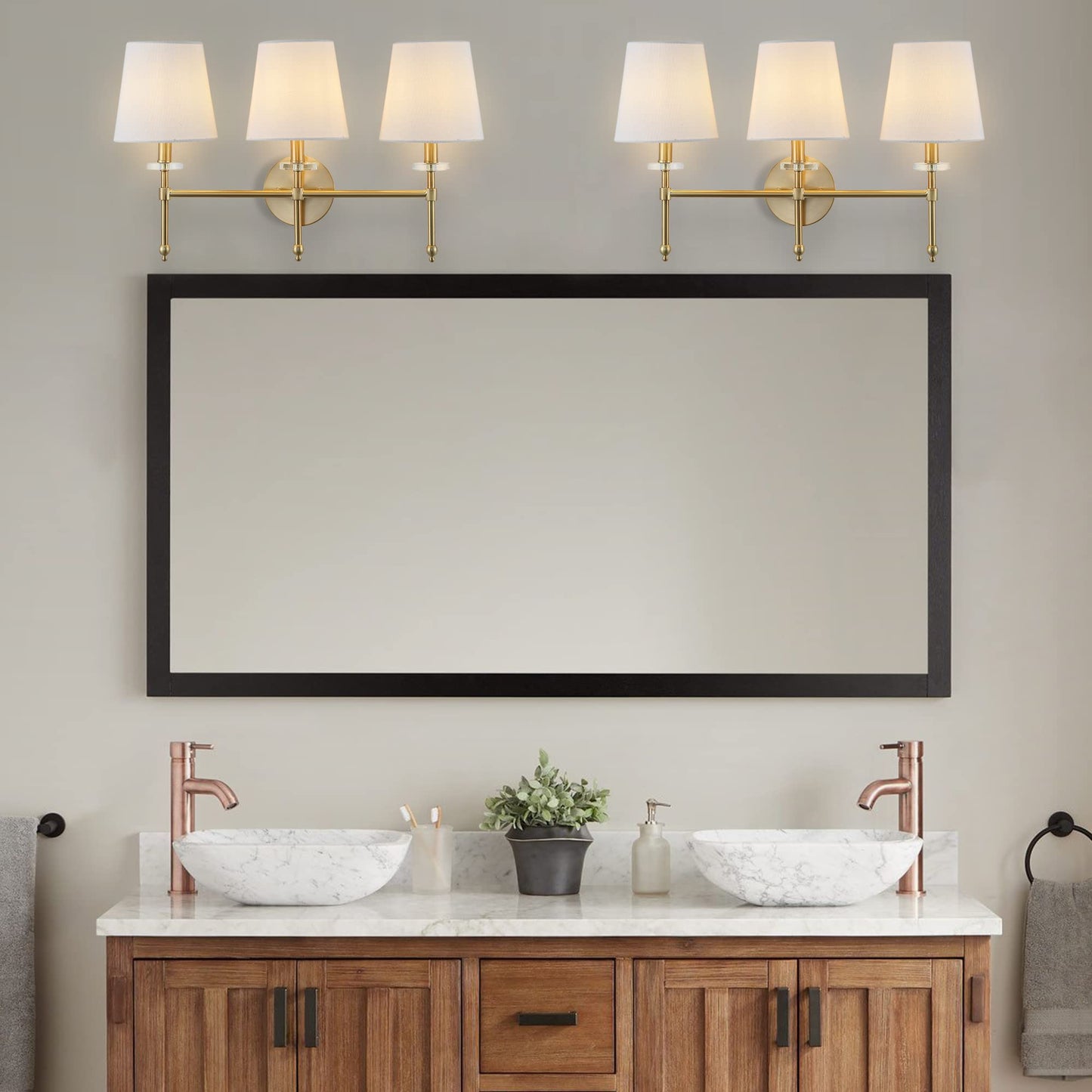 JONATHAN Y 23" Brass Gold Modern LED Wall Sconce, Midcentury Vanity Light for Bathroom Bedroom Hallway Decor, Iron Fixture with White Linen Empire