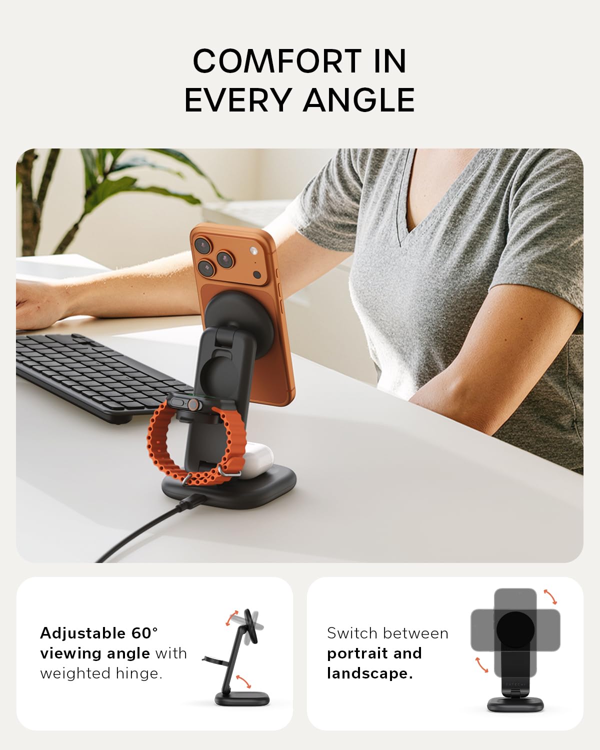 Satechi 3-in-1 Qi2 Wireless Charging Station, 25W Fast Magnetic Charger, Foldable Charging Stand for iPhone 17, Apple Watch Series 11, AirPods, 45W