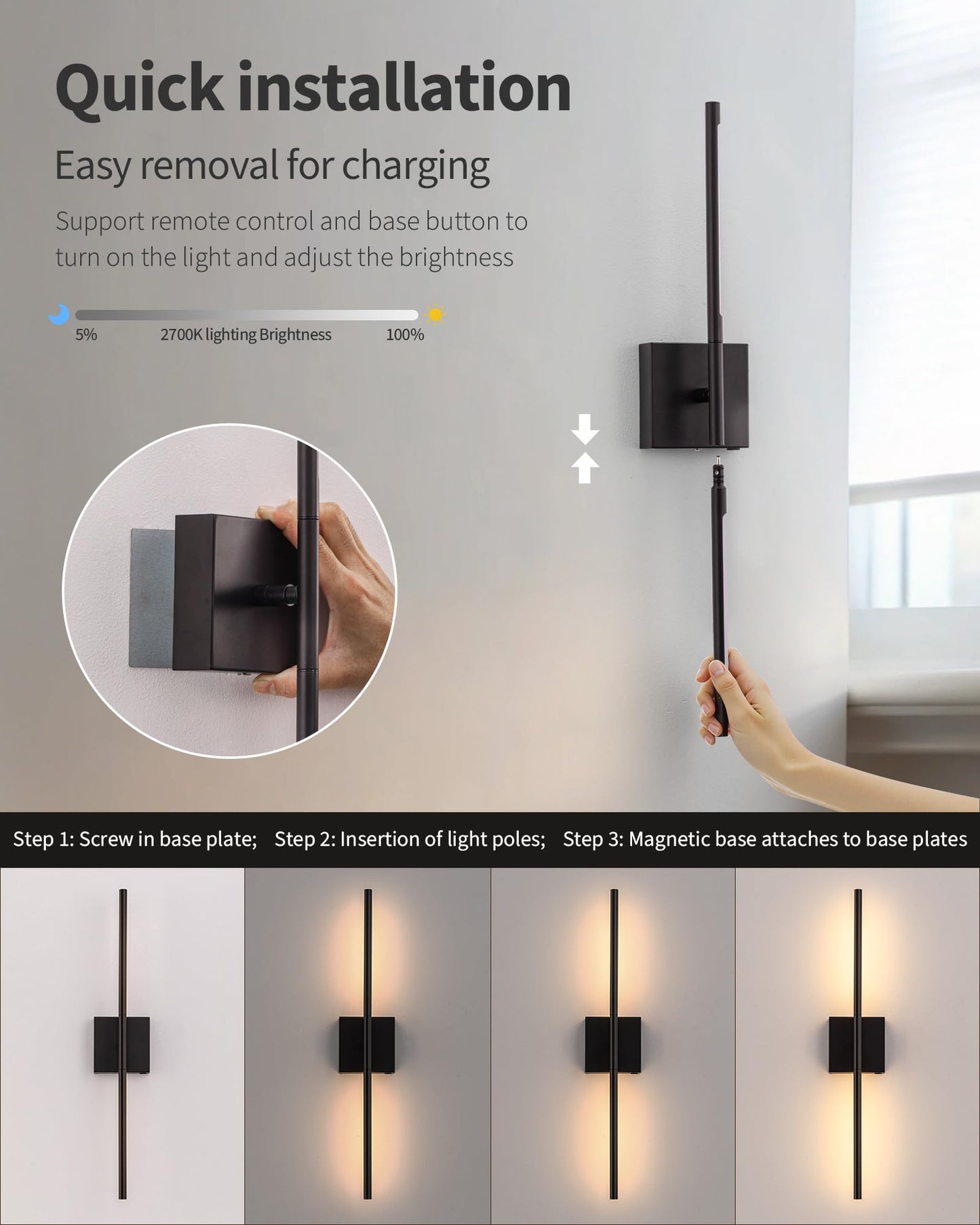 KDG Cordless Wall Sconces Set of 2, Wireless 5200mAh Rechargeable Battery Operated LED Wall Lamps with Remote, 360° Rotate Lightings for Wall