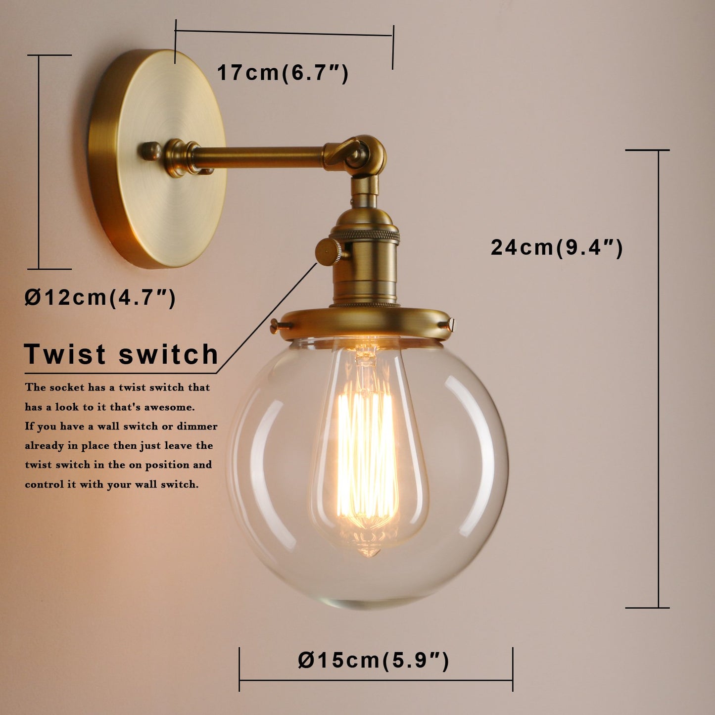 Pathson Industrial Vintage Wall Lamp Dia 5.9" with Round Clear Glass Globe Shade Loft Simple Home Design Wall Light Fixture Wall Mount Light Sconces